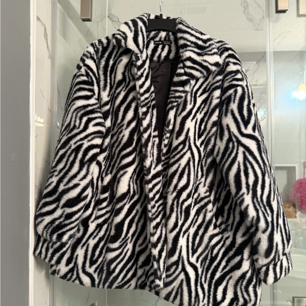 Zebra Print Faux Fur Coat